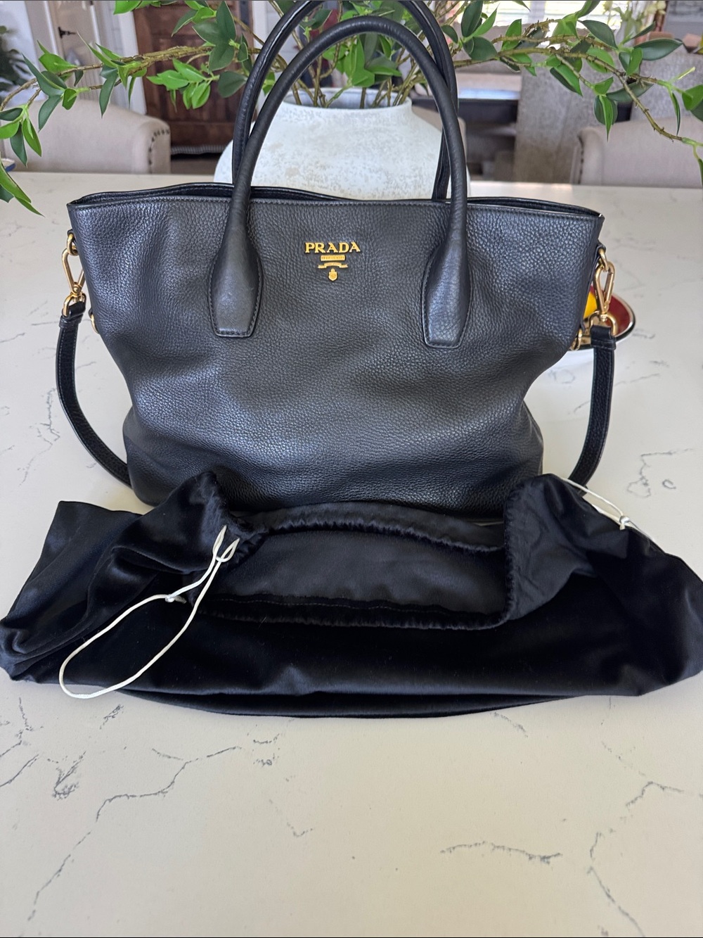 Prada Black Pebbled Leather Satchel with Gold Logo and Strap - Picture 14 of 14